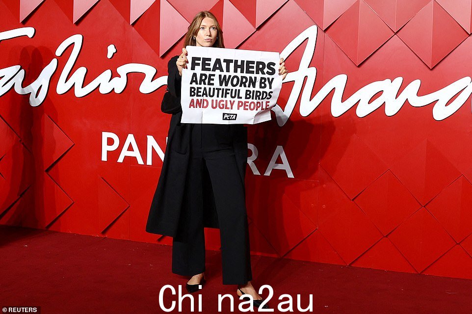 红地毯暂时被善待动物组织 (PETA) 抗议者扰乱,一名妇女走上地毯,举着一块牌子,上面写着:“羽毛是美丽的鸟儿佩戴的,而不是丑陋的人”