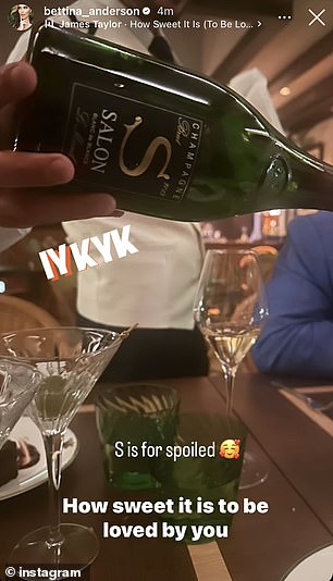 后来那个当天,Anderson 在 Instagram 上分享了一系列关于她奢华生日晚餐的故事,其中包括一瓶 2013 年沙龙年份香槟(左),售价通常高达 1,300 美元。