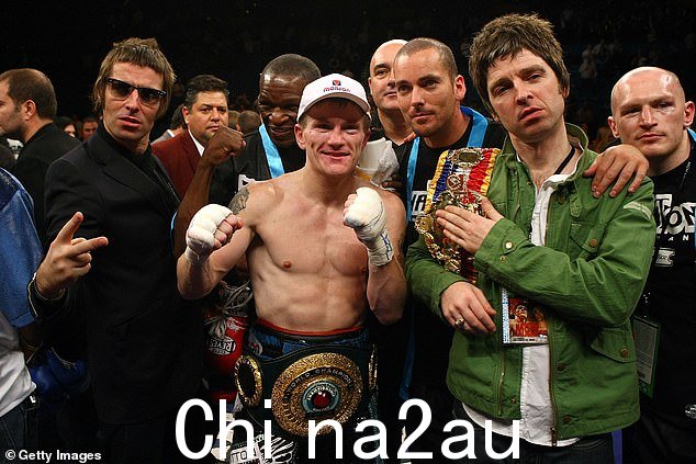 Hatton was due to return to the ring in December and also took up coaching after retiring. Pictured: Hatton (centre) between Noel (right) and Liam (left) Gallagher
