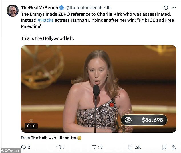 A number of social media users vented their displeasure at Kirk's death not being由eMmys组织者承认“ class =” blkborder img-share“ style =” max-width：100％“ loading =“ lazy” /> <p class =“ imagecaption”>许多社交媒体用户对柯克（Kirk说。更多的人依附了。 </p> <p class =“ mol-para-with-font”>''''>'要澄清我们不会以自己的身份对准个人的目标 - 绝对是错误的 - 不要发送该信息，这是错误的事情。加沙及其种族隔离政权。'</p> <p class =“ mol-para-with-font”>他补充说'，我们与那些与被压迫者保持团结和团结的人站在一起。写在红地毯上的钱包上。 </p> <img ID =“ IB2E0505EC0ADF7EF” alt=