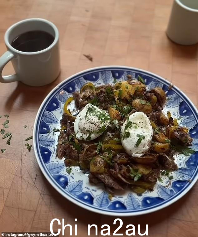 To serve, Paltrow poached two eggs, adding them on top of the potato and duck dish, before pouring herself a cup of coffee