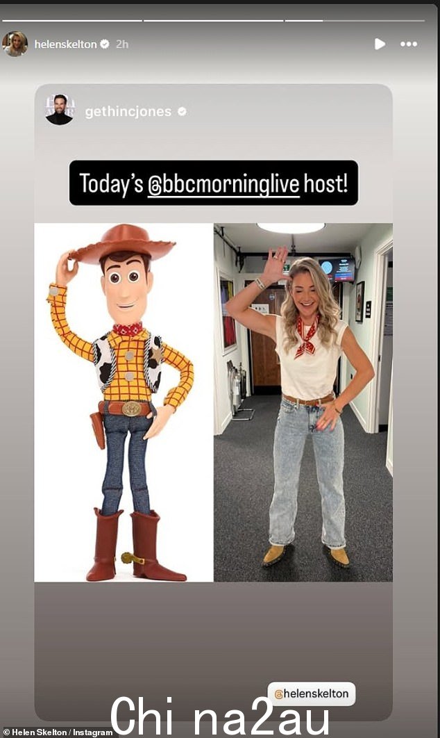 Gethin couldn't help but tease Helen about her outfit on Monday, taking to Instagram to post a pic of his co-star alongside a snap of Toy Story cowboy Woody